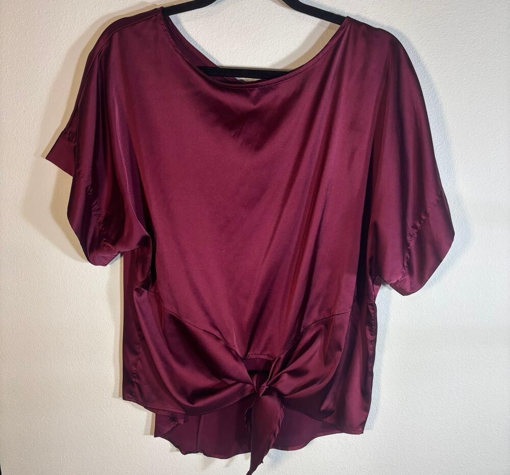 She + Sky Womens L Burgundy Satin Blouse Tie Front Dolman Sleeve Party Top